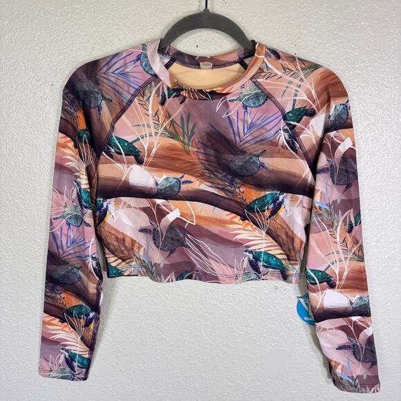 Wet Other - Turtle Print Rashguard Top Women Large Crop Swim Shirt Sea Turtles L NEW $108